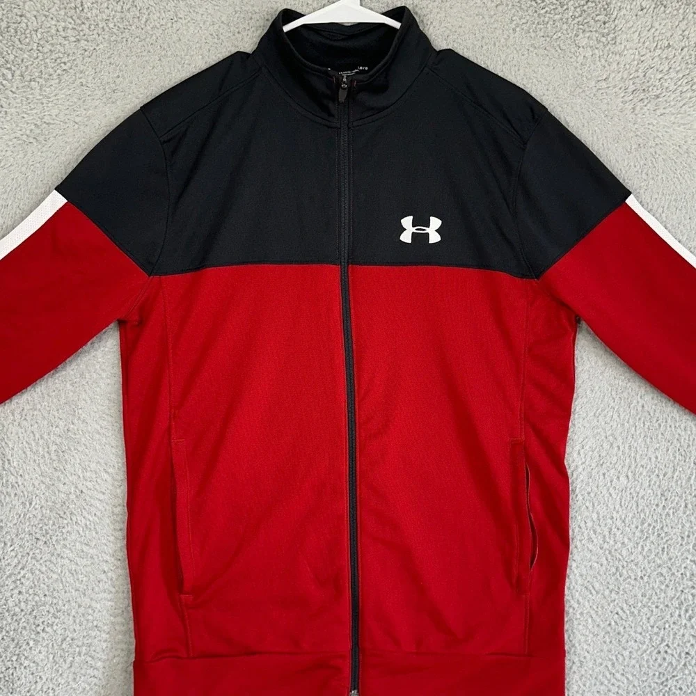 Under Armour Track Jacket Mens Large Red Black Colorblock Fitted Full Zip Pocket